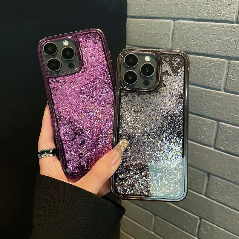 Luxury Purple Silver Glitter Quicksand Case Cover for iPhone 15 Case on Fundas 13 14 Pro Max Carcasas Sequins Moving Sand Coque