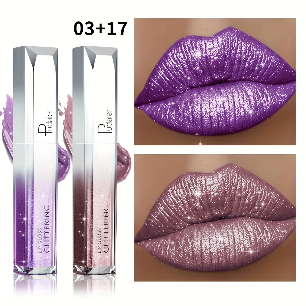 2PCS 글리터 립글로스 세트-매트 & 샤이니, 방수, 오래 지속, 끈적이지 않음, 비건 립글로스 결혼식, 파티, 데일리 메이크업용