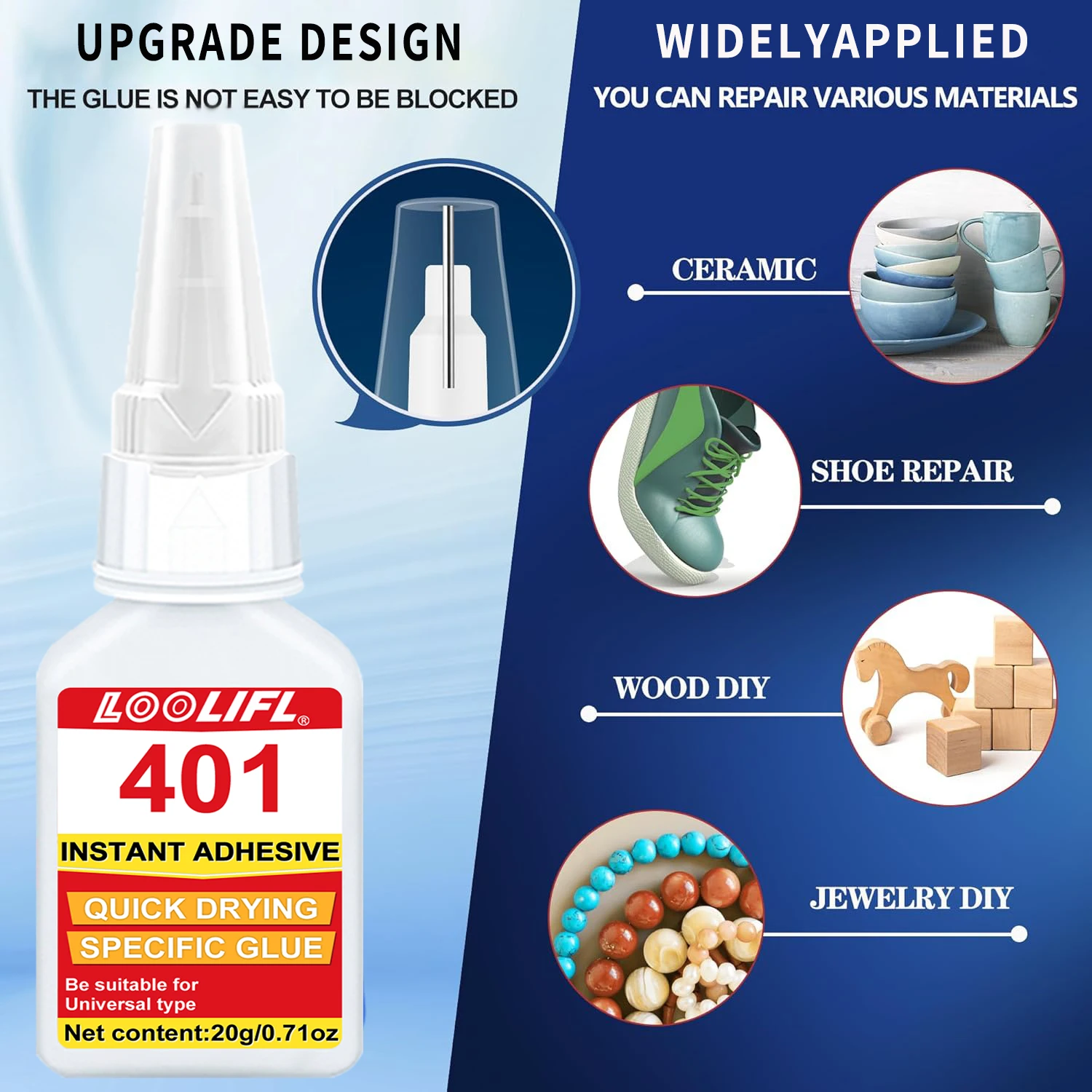 LOOLIFL 20g 401 سوبر لاصق متعدد الوظائف لاصق قوي مناسب للالتصاق المعدن والسيراميك والخشب والبلاستيك والألعاب والأحذية #4