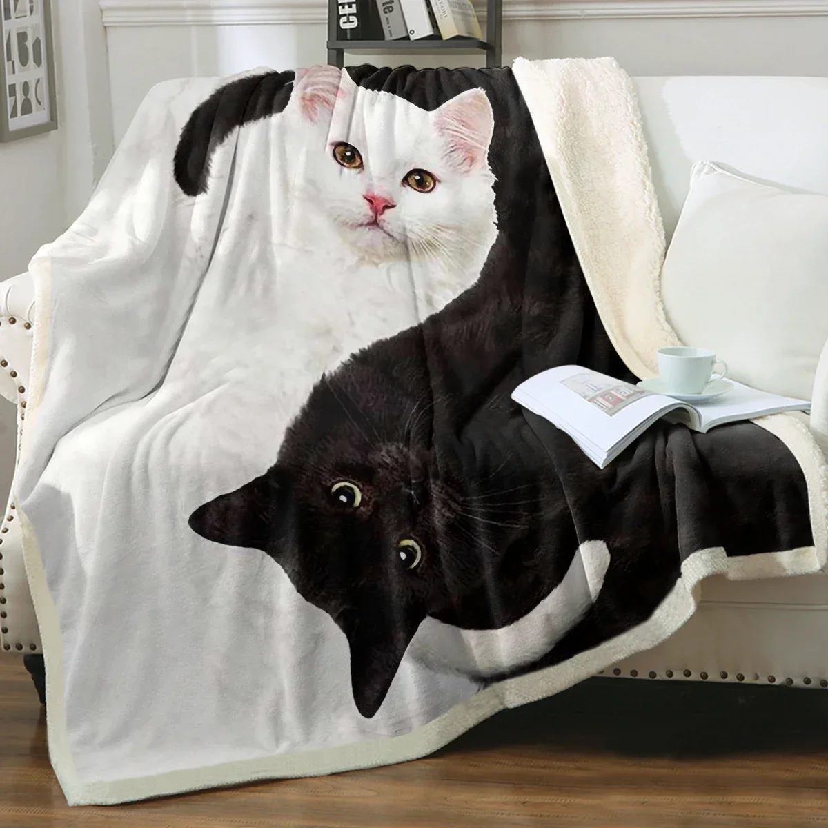 Black and white Tai Chi Cat Plush Blanket Super Soft Sherpa Blanket for Couch Sofa Bed 75x100cm 130x150cm 150x200cm