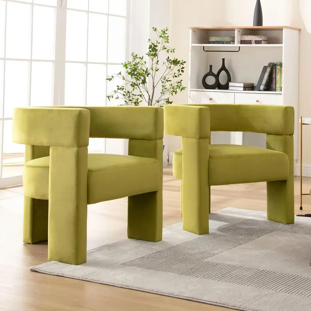 

Зеленые бархатные кресла-бочонки - комплект из 2 штук, мягкие боковые кресла с подлокотниками для комфортного сидения в гостиной или спальне