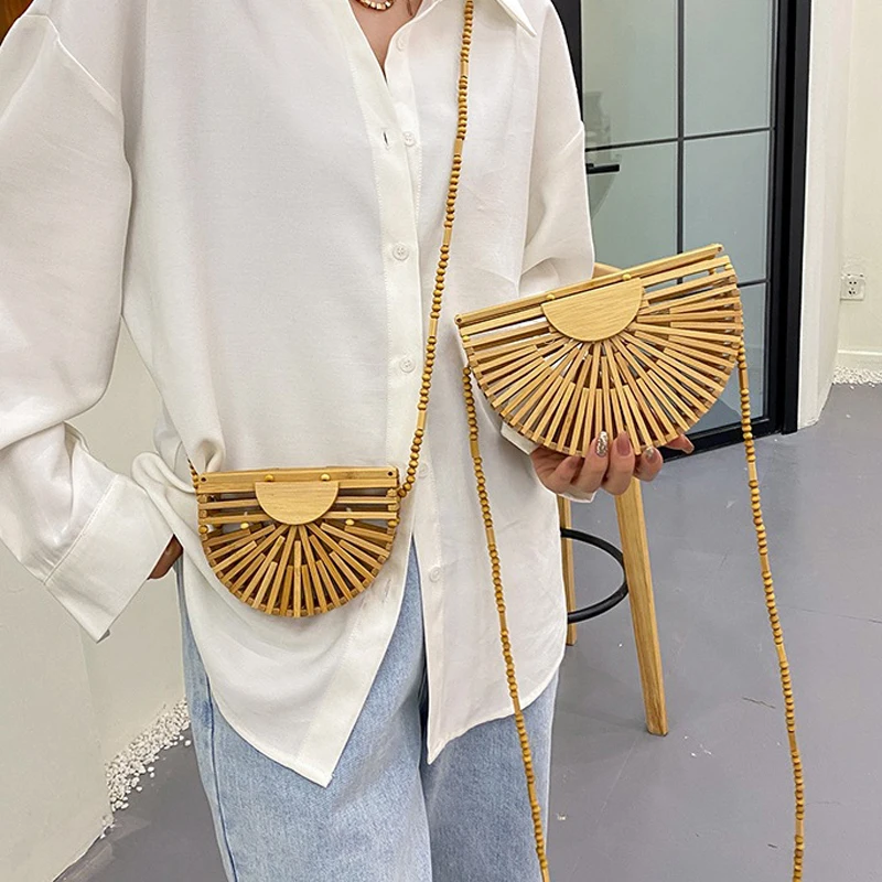 New Half Moon Wooden Shoulder Crossbody Bags for Women Bamboo Woven Summer Beach Straw Bag Rattan Small Phone Purse Mini Sac