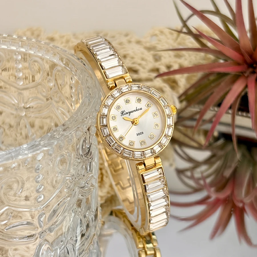 Vintage Watch for Woman - Round Dial Retro Court Style Diamond Accent Gold Plated Wrist Watch