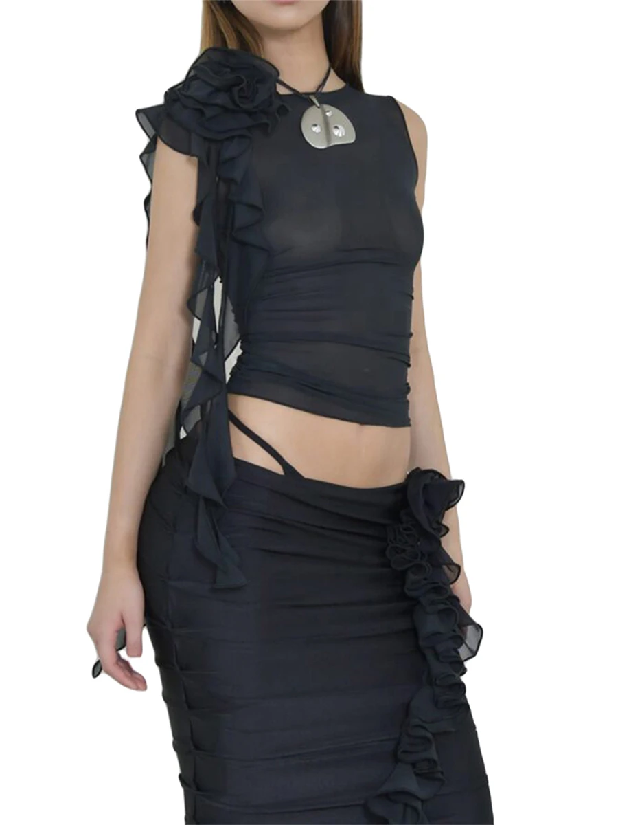 

Женские однотонные майки, сетчатые прозрачные жилеты с 3D цветочными оборками и круглым вырезом без рукавов, летние кроп-топы