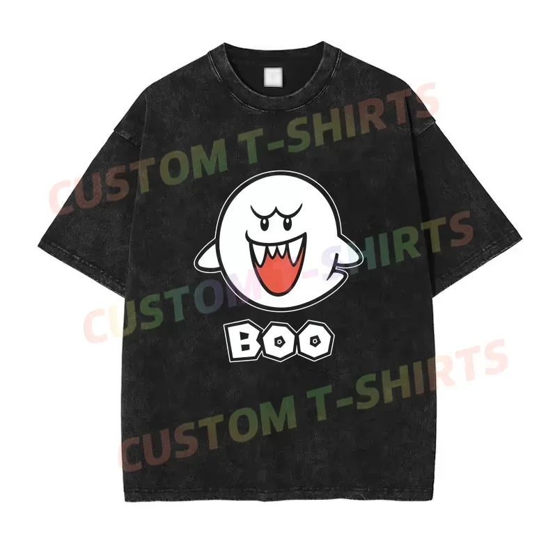 

2024 Summer Vintage Cotton Washed Boo T-Shirt Black By Super Marios Loose T Shirts Men Y2K Hip Hop Top Tee