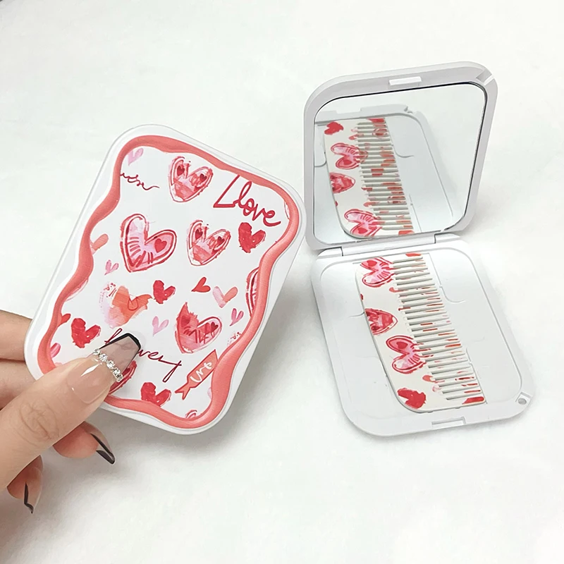 Small Mirror Comb Portable Pocket Mirror Love Flip-Top Folding Rectangle Makeup Mirror For Girl Gift Makeup Tool Vanity Miror