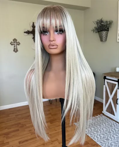 Long Straight Lace Frontal Wigs Ash Blonde Natural Women Wig with Bangs Soft Synthetic Hair Glueless Top Grade Swiss Lace Wig