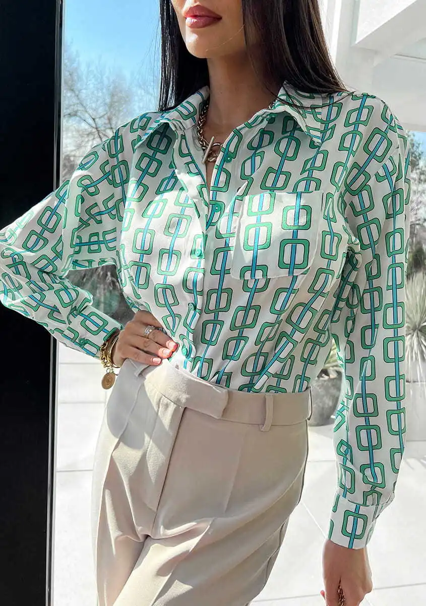 

Fashion Autumn Casual Women Shirt Long Sleeve Colorblock Print Loose With Pocket Vintage Trendy Turn-down Collar Women's Shirts