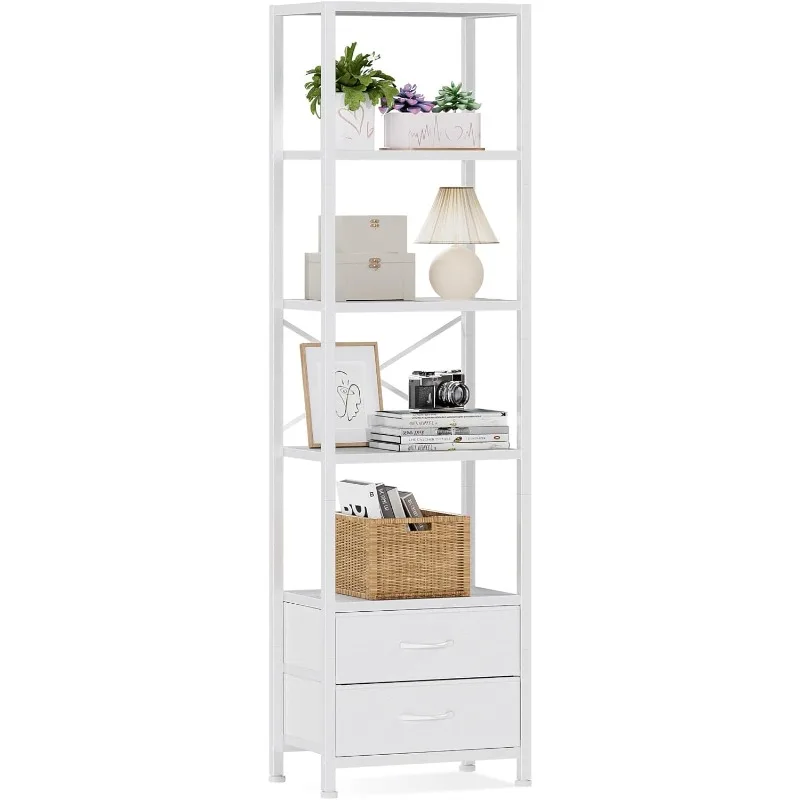 

5-Tier Corner Shelf, Narrow Bookshelf with 2 Storage Drawers, Tall Bookcase, Standing Shelf Organizer Unit for Living