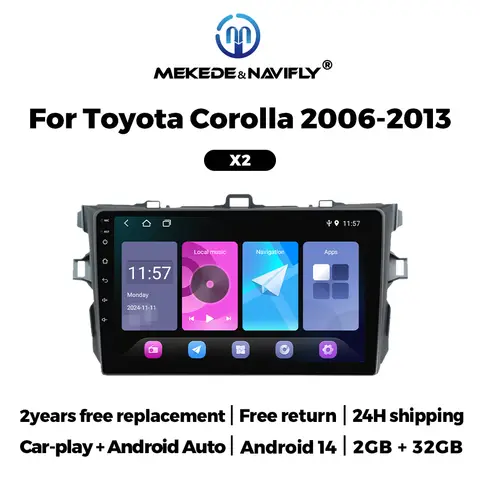 NaviFly Carplay 안드로이드 14 2 + 32G 4 코어 자동차 스테레오 라디오 멀티미디어 비디오 플레이어 WIFI 도요타 화관 2006-2013 GPS 네비게이션