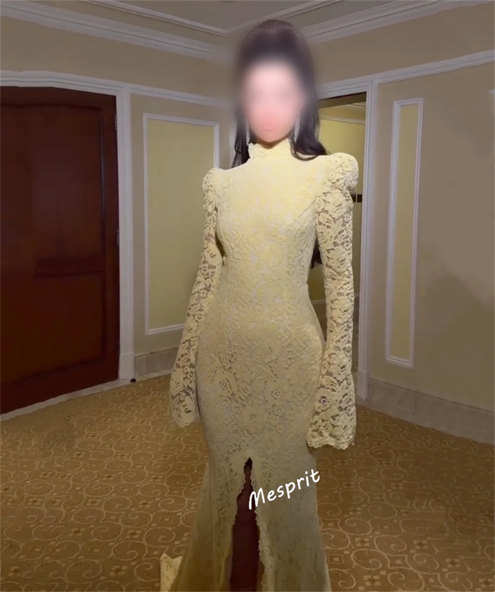 فساتين طويلة مخصصة من الدانتيل بياقة عالية وأكمام طويلة على شكل بوق فستان سهرة رسمي مناسبة مخصصة وحفلات مزاجية