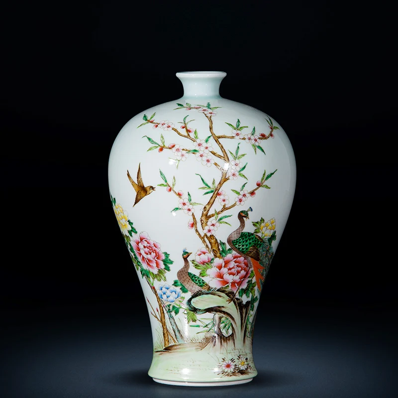 Jingdezhen Ceramic Antique Blue Glazed Vase Hand-painted Flower Bird Plum Vase Home Decoration Handicrafts Ornaments