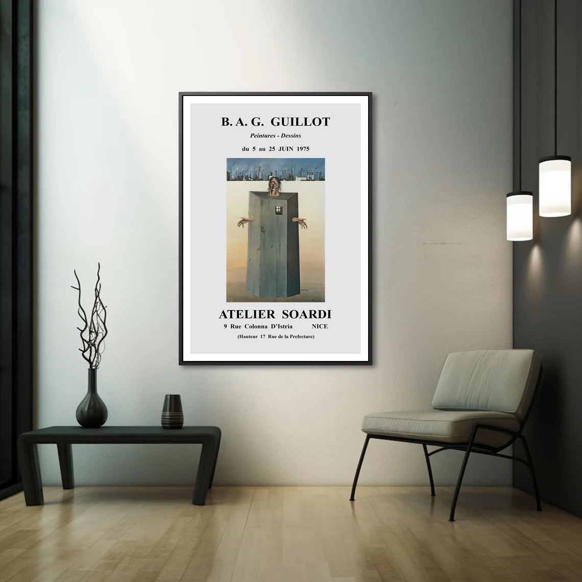 إعادة طباعة ملصق معرض فرنسي عتيق لعام 1975 لأعمال B.A.G. المقصلة المشارك قماش طباعة ديكور المنزل طلاء جدران