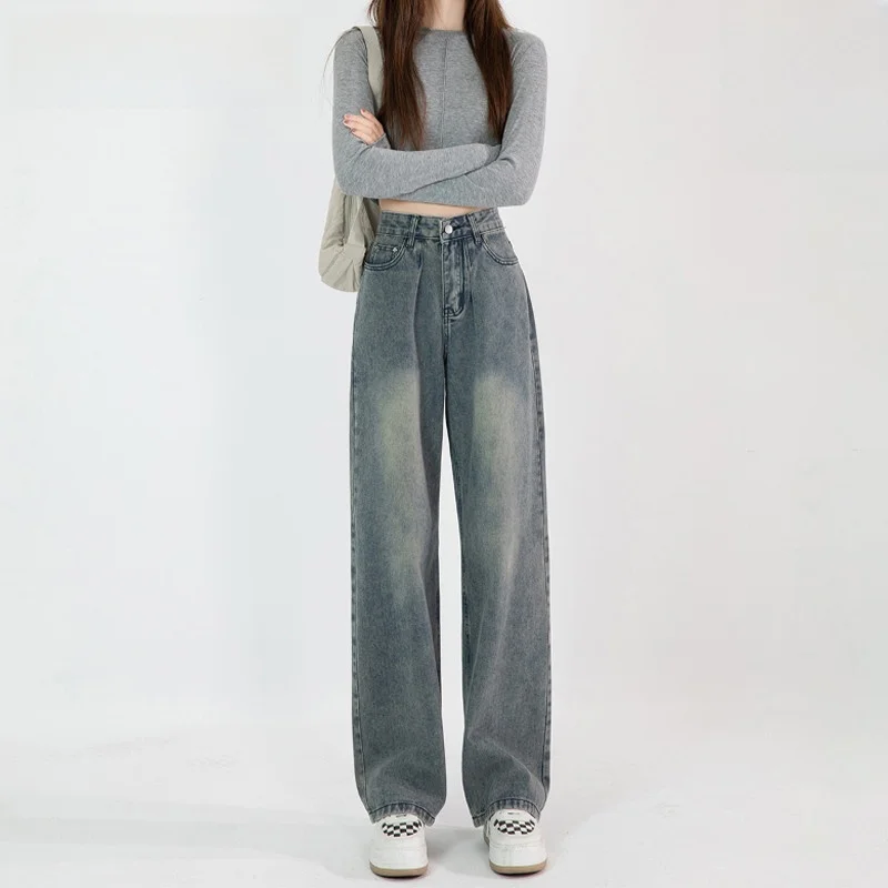 

Off High Waist Wide Leg Denim Jeans Women's Vintage Blue Loose Fit Slimming Spring 2025 New Design Casual Fem Jeans
