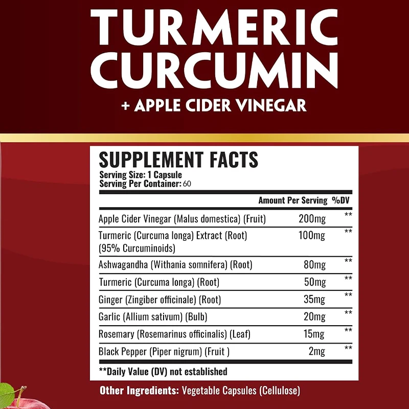 8-in-1 Turmeric+apple Cider Vinegar, Containing Garlic Stems and 95% Standardized Curcumin. Joint Support, 60 Capsules