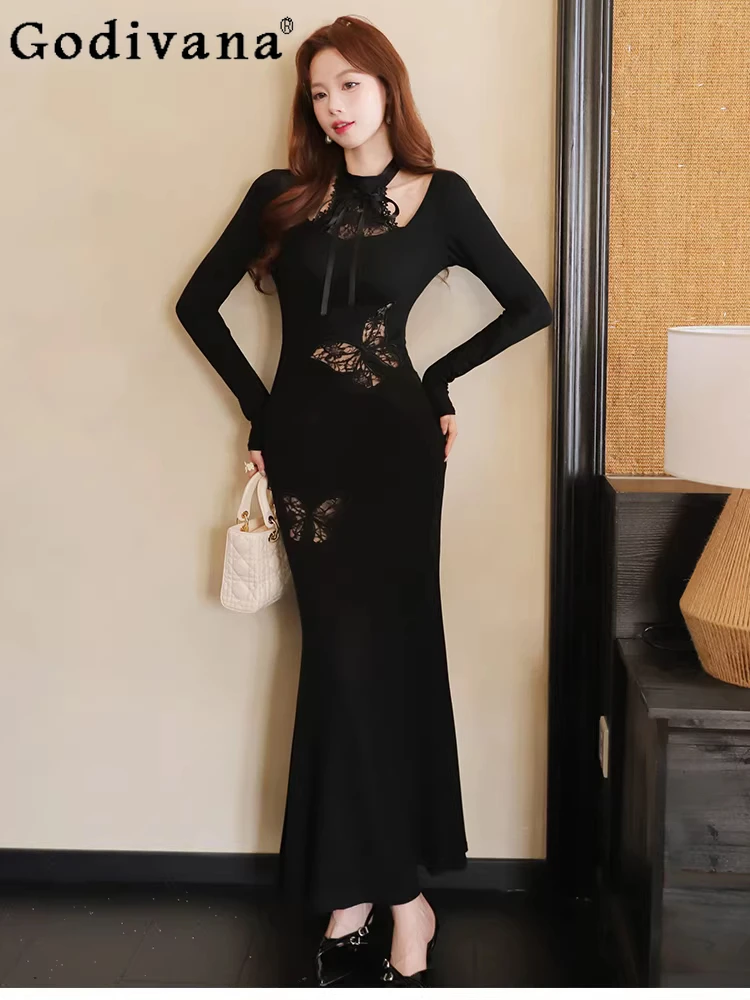 

French Vintage Lace Black Butterfly Embroidered Halter Neck Dress Fashion High Waist A-line Long Sleeve Slim Fishtail Dresses