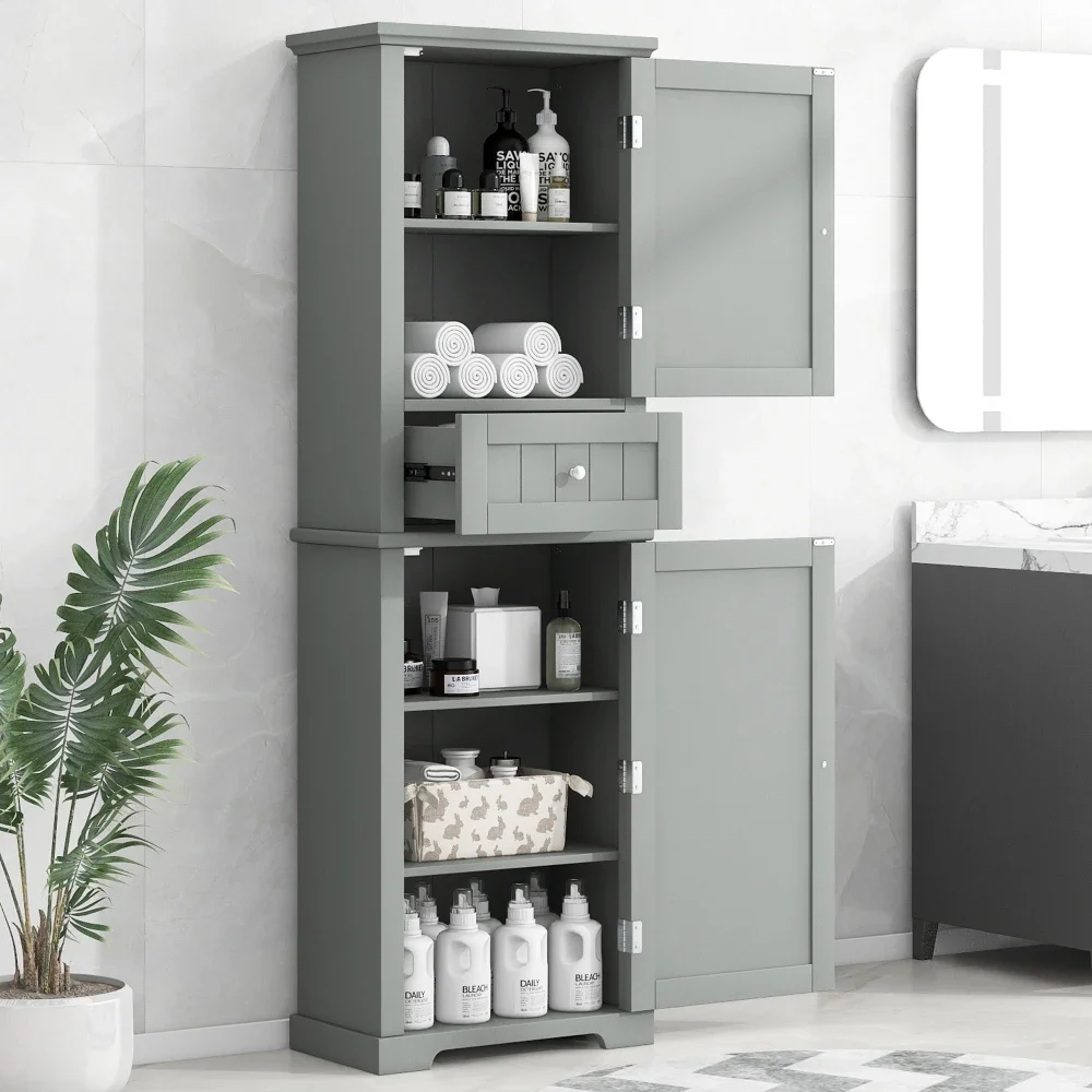 Tall Bathroom Storage Cabinet, Freestanding Storage Cabinet with Drawer and Adjustable Shelf, MDF Board with Painted Finish Grey