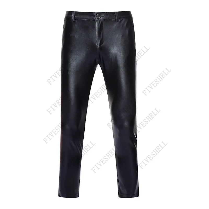 Motorcycle PU Leather Pants Men Brand Skinny Shiny Gold Coated Metallic Pants Trousers Nightclub Stage Perform Pants for Singers