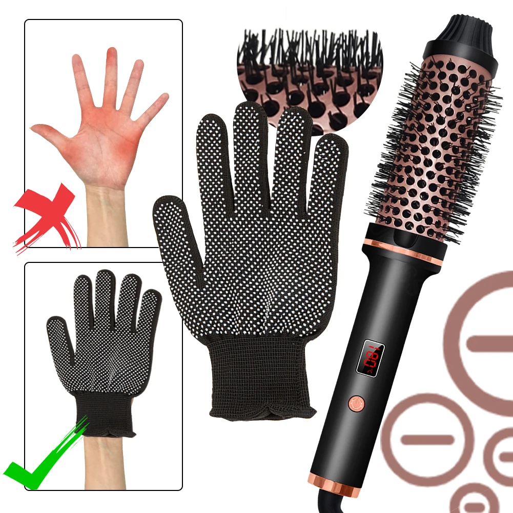 Curling Iron Brush with Anti-Heat Gloves Portable Hair Curler Comb LCD Display 5 Temperature Settings for Smooth Anti Frizz Hair