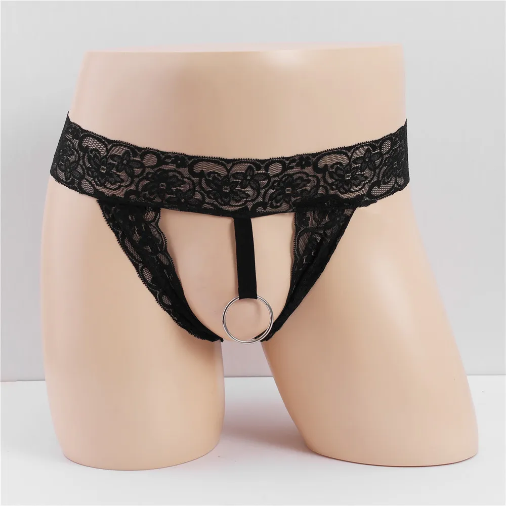 

Gays Erotic Jockstrap for Men Sexy Metal Cock Ring Crotch Open Hollow Out Transparent Sissy Lace Floral Crotchless String Bikini