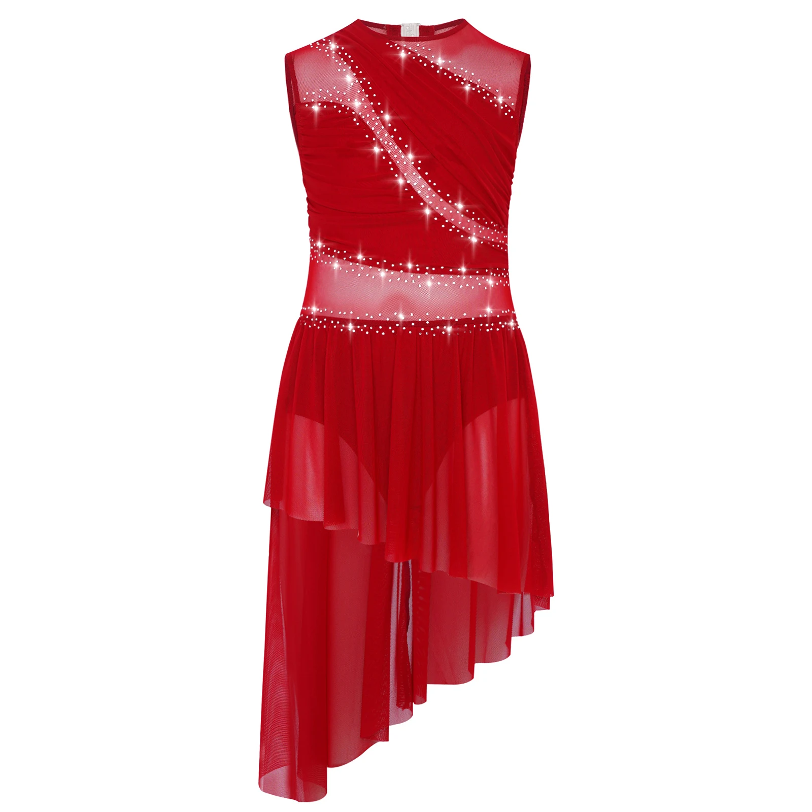 

Kids Girls Lyrical Dance Dress Sleeveless Rhinestone Sheer Mesh Asymmetrical Hem Dress with Built-in Briefs Figure Skating Dress