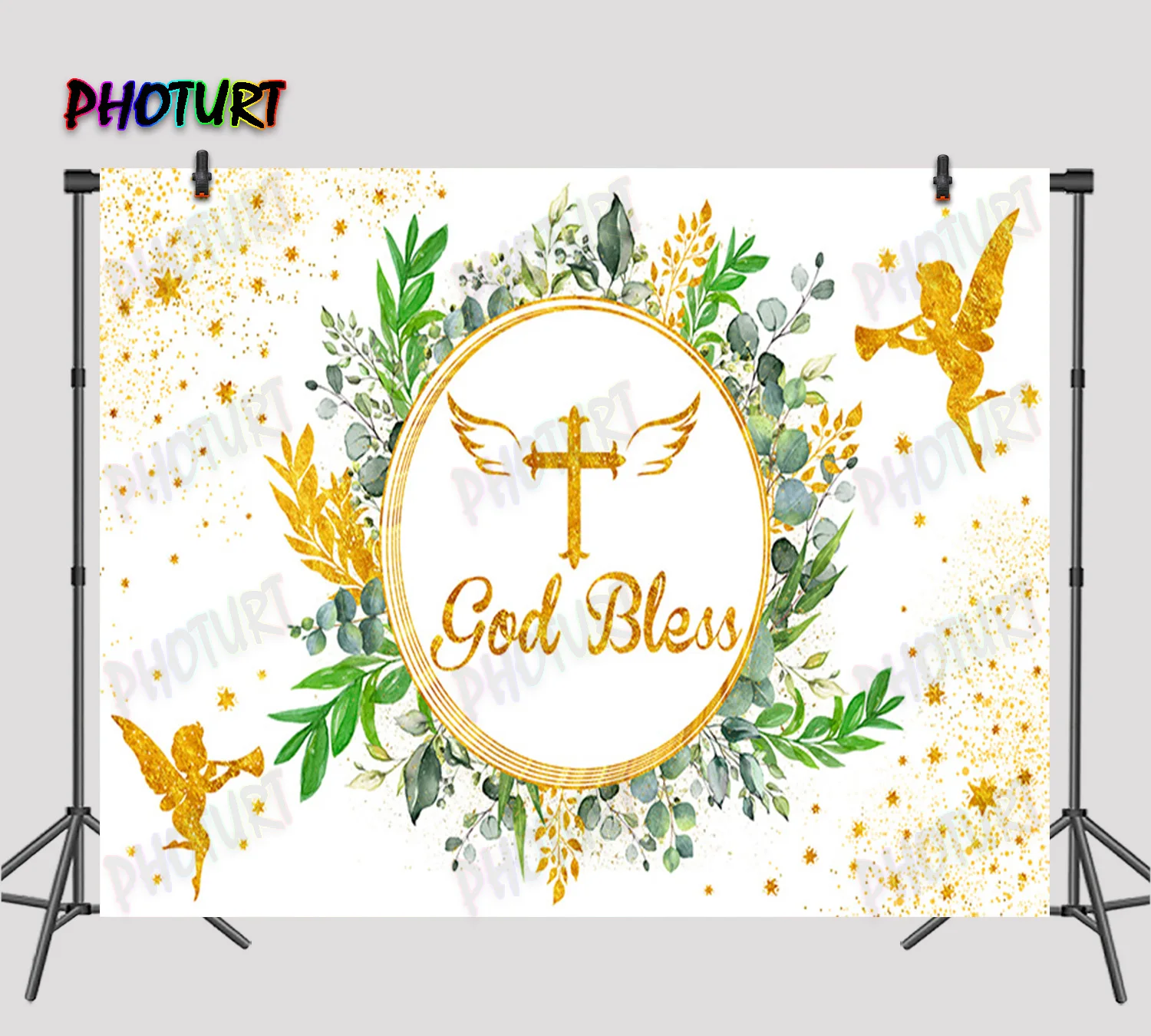 PHOTURT Baby Baptism Backdrop Kids 1st Birthday Background Golden Cross Vinyl Polyester Photography Studios Decoration Props