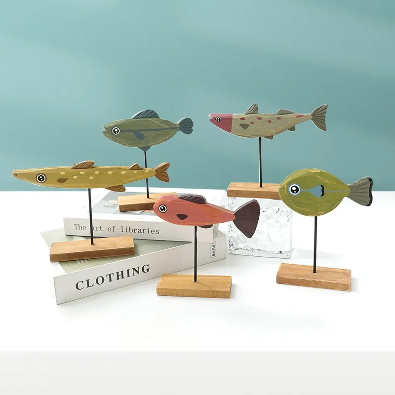 

Mediterranean style creative wooden fish ornament Handmade home decoration Desktop living room sculpture