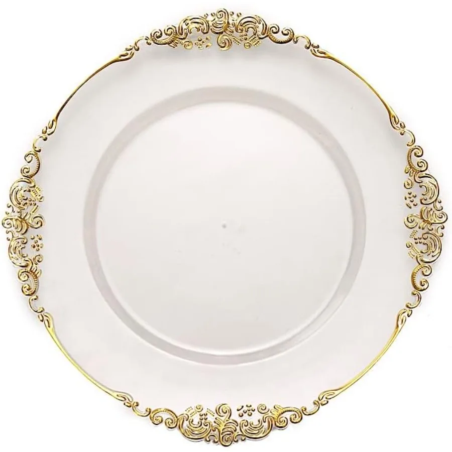 

24 pcs 13Inch Clear Round Charger Plates with Decorative Embossed Rim Dinner Wedding Reception Decorations Supplies