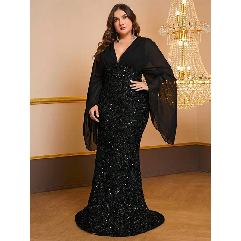 Plus Size 4xl 5xl Fishtail Floor-Length Evening Dress, Sequined, Chiffon, Long-Sleeved, V-Neck, Big Size, Luxury, Plus Size