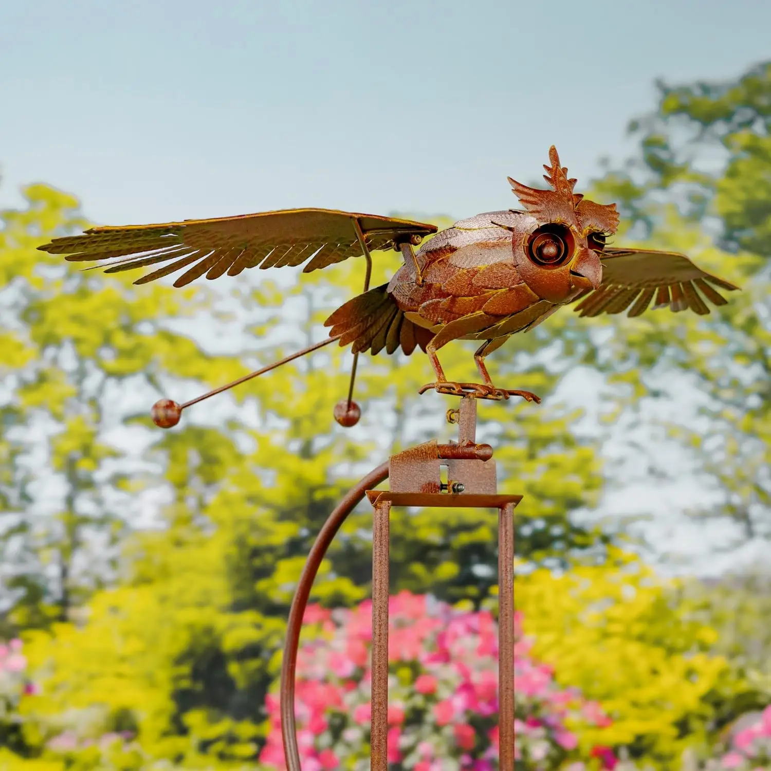 Large Flapping Owl Garden Stake, Metal Wind Kinetic Sculpture, Rusty Color Yard Art Decoration, 58H x 35.5L x 21W inches