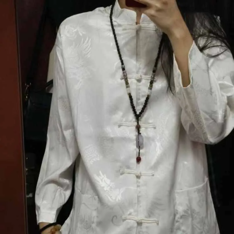 Men New Chinese Style Satin Jacquard Shirt Mandarin Collar Long Sleeve Loose Tang Suit Top Dragon Phoenix Cloud Pattern