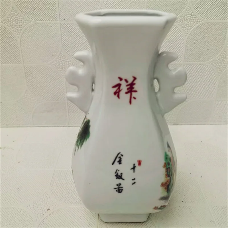 

Antique Pink Porcelain Hexagonal double ear vase Vase with Ancient Ladies' Patterns China Decorative Ornament for Home Decor