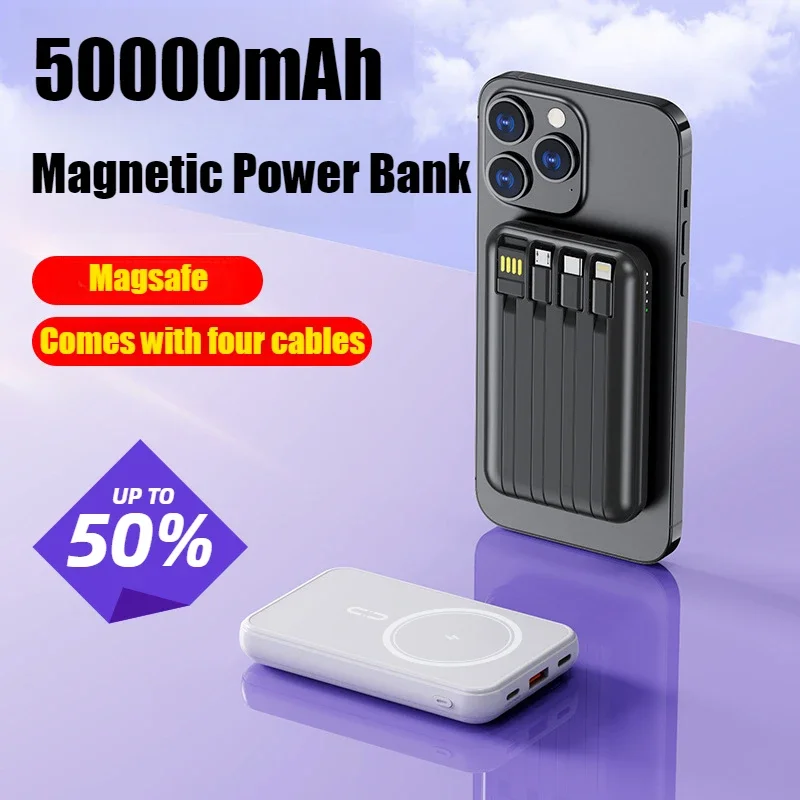 

New Magnetic Power Bank 50000mAh with Built-in Cable Portable and Large Capacity Battery Charger Cases for iPhone Xiaomi Samsung