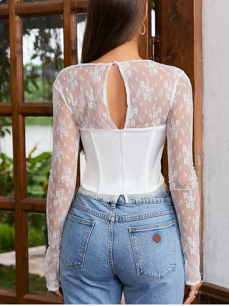 NewAsia Dames Herfst Wit Sheer See-Through Lace Top Patchwork Satijn Lange Mouw Slim Fit T-shirts Mode Casual Feestkleding