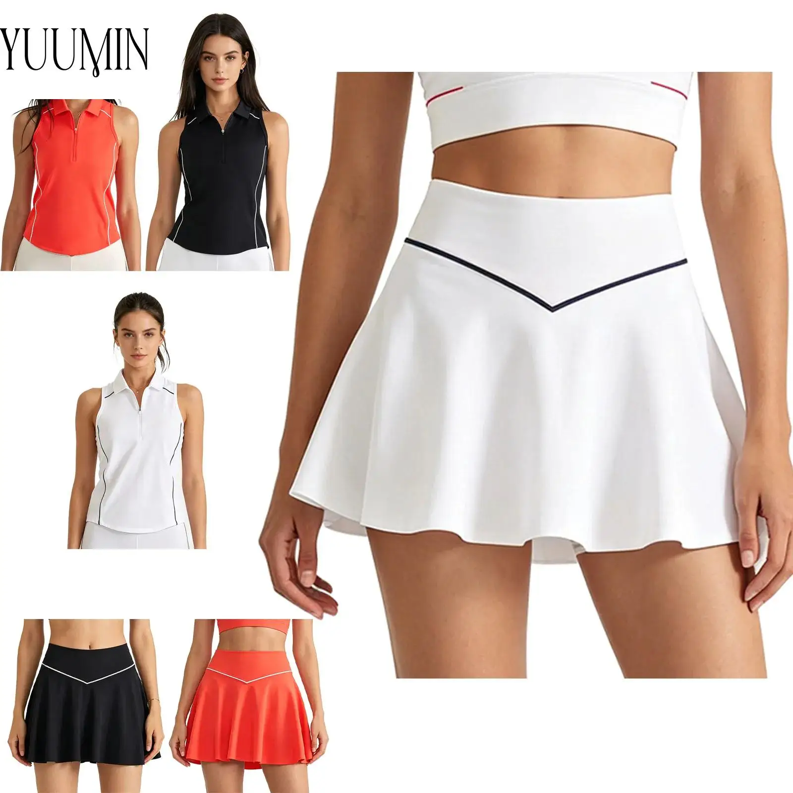 Women Golf Tennis Matching Set Sleeveless Zip Front Tank Top High Waist Tennis Skirts for Yoga Running Fitness Summer