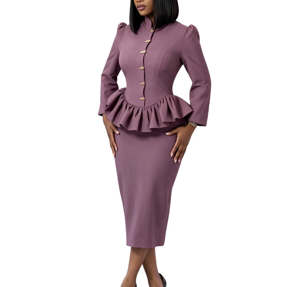 JENYAGE Damen Einfarbiges 2-teiliges Outfit mit Stehkragen, 3/4-Ärmeln, Puffärmeln und Peplum-Oberteil & Midi-Rock, formeller Büroanzug – Detail 10