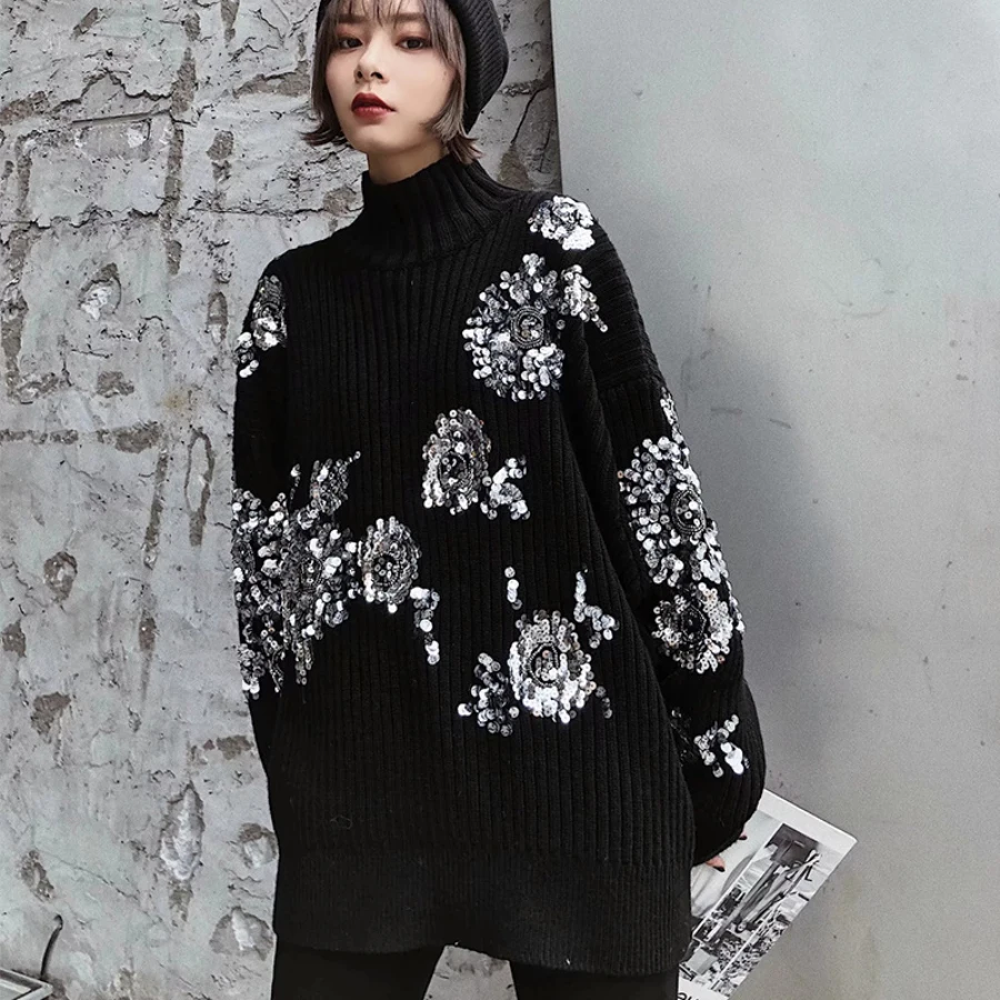 العلامة التجارية الفاخرة مصمم المدرج سترة المرأة الشتاء أنيقة الزهور الترتر مطرز الخفافيش كم فضفاض عالية طوق الدافئة محبوك القمم