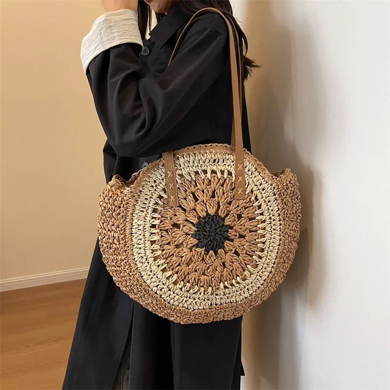 Ladies Bags on Sale 2023Fashion Autumn Circle High-capacity Beach Resort Style By The Seaside Hollow Out Patchwork Shoulder Bags