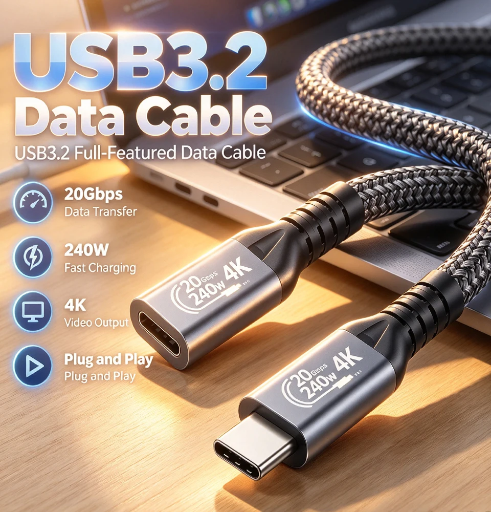 USB C Extension Cable 20Gbps USB3.2 Gen2x2 240W Type C Extender Video Transfer Male to Female Cord For Hub PSVR2 Laptop Dock