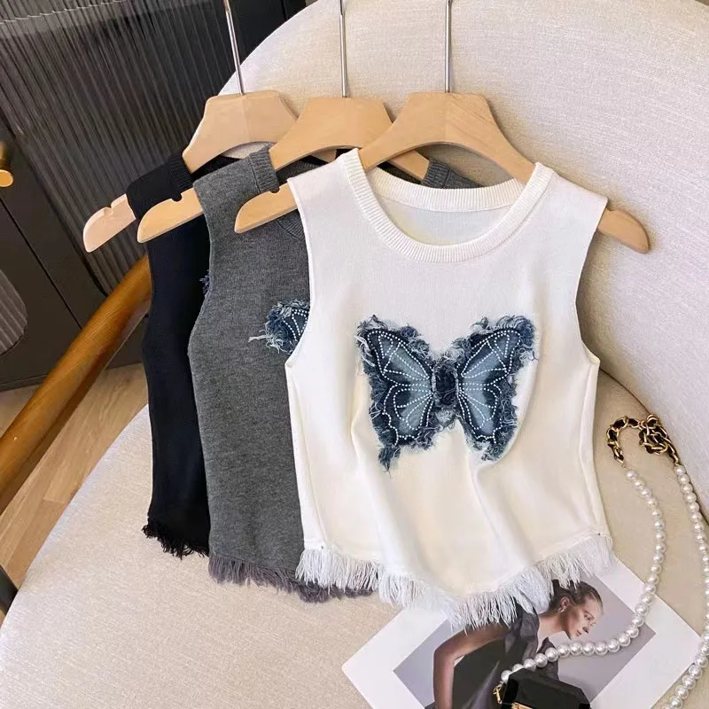 

Butterfly Tassel Knitted Tank Women Summer Fashion Irregular Sleeveless Crop Tops Y2K Female Korean Streetwear Casual Vest