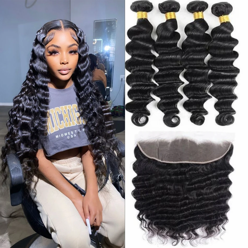 8-30 inch Deep Wave Hair Bundles 13X4 Frontal Closure Lace Frontal  Human Hiar With Bundles Raw Hair Bundles Natural color