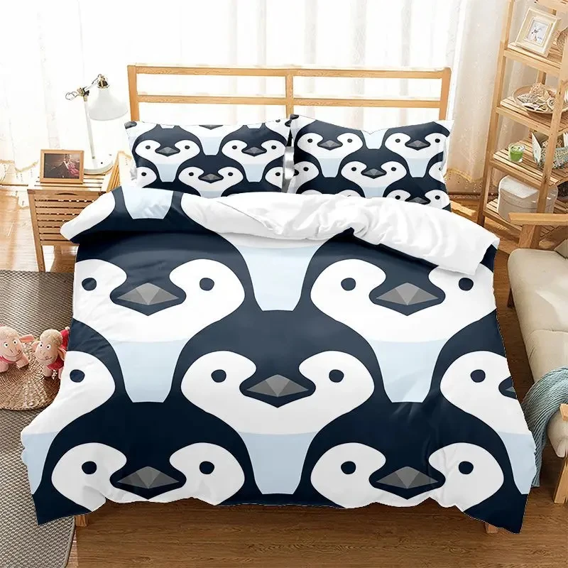 

Cartoon Penguin Duvet Cover Set for Boys Girl Animated Antarctic Animal Polyester Quilt Cover White Black King Queen Size