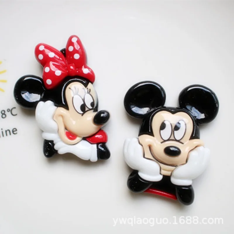 2pcs Cartoon Couple Mickey Resin Accessories DIY Mobile Phone Case Hairpin Charms Cute Bow Minnie Resin Flatback Cabochons