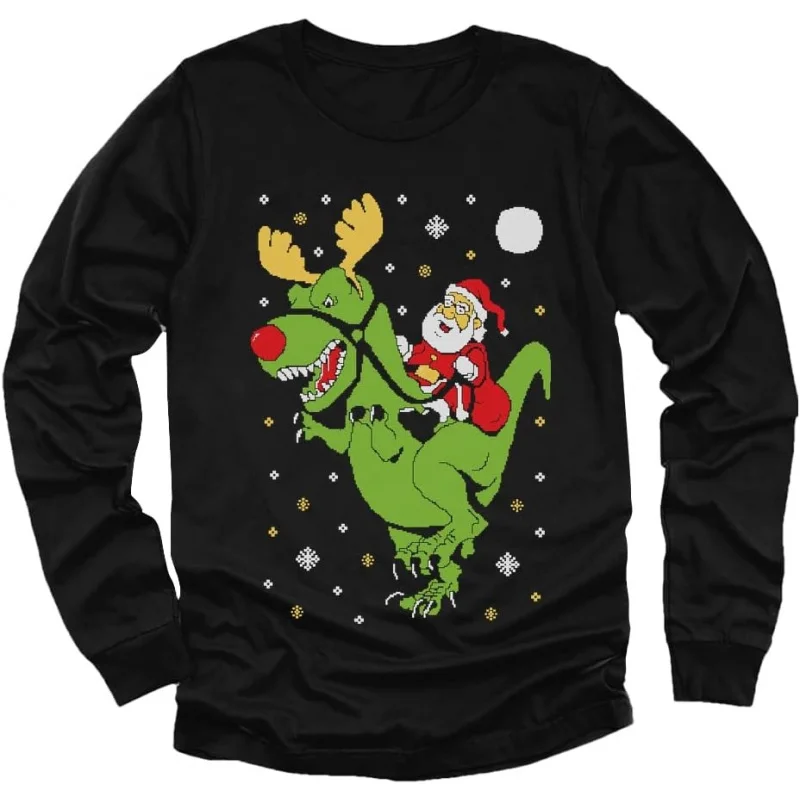 

Tstars Dinosaur Santa Ugly Christmas Sweater Style Youth Kids Long Sleeve Shirt