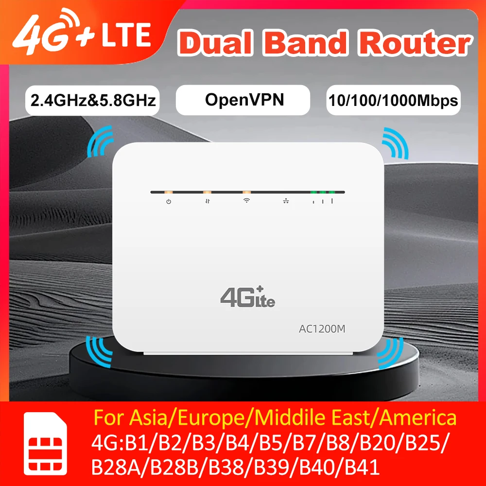 Benton Dual Band 4G 4G+ SIM WiFi Router 1200Mbps CAT6 4G+ Modem with SIM Card Slot Gigabit WAN LAN VPN 4G Hotspot CPE Router