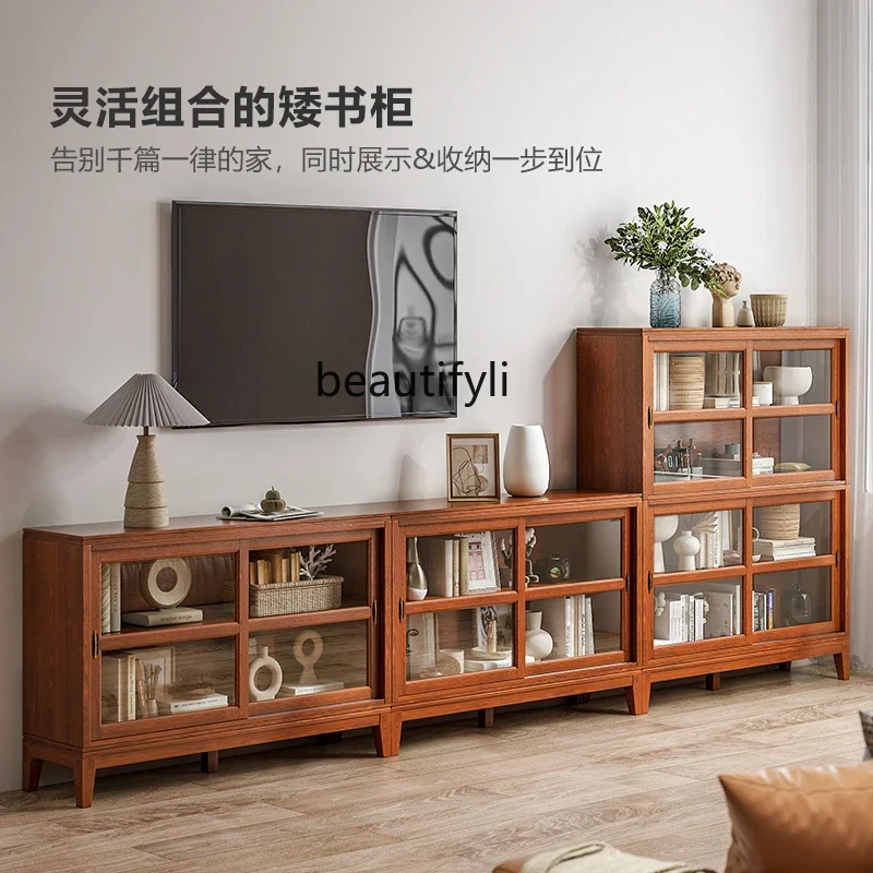 American solid wood short, floor-to-ceiling living room home bookshelf with glass door, low cabinet sliding doorHY