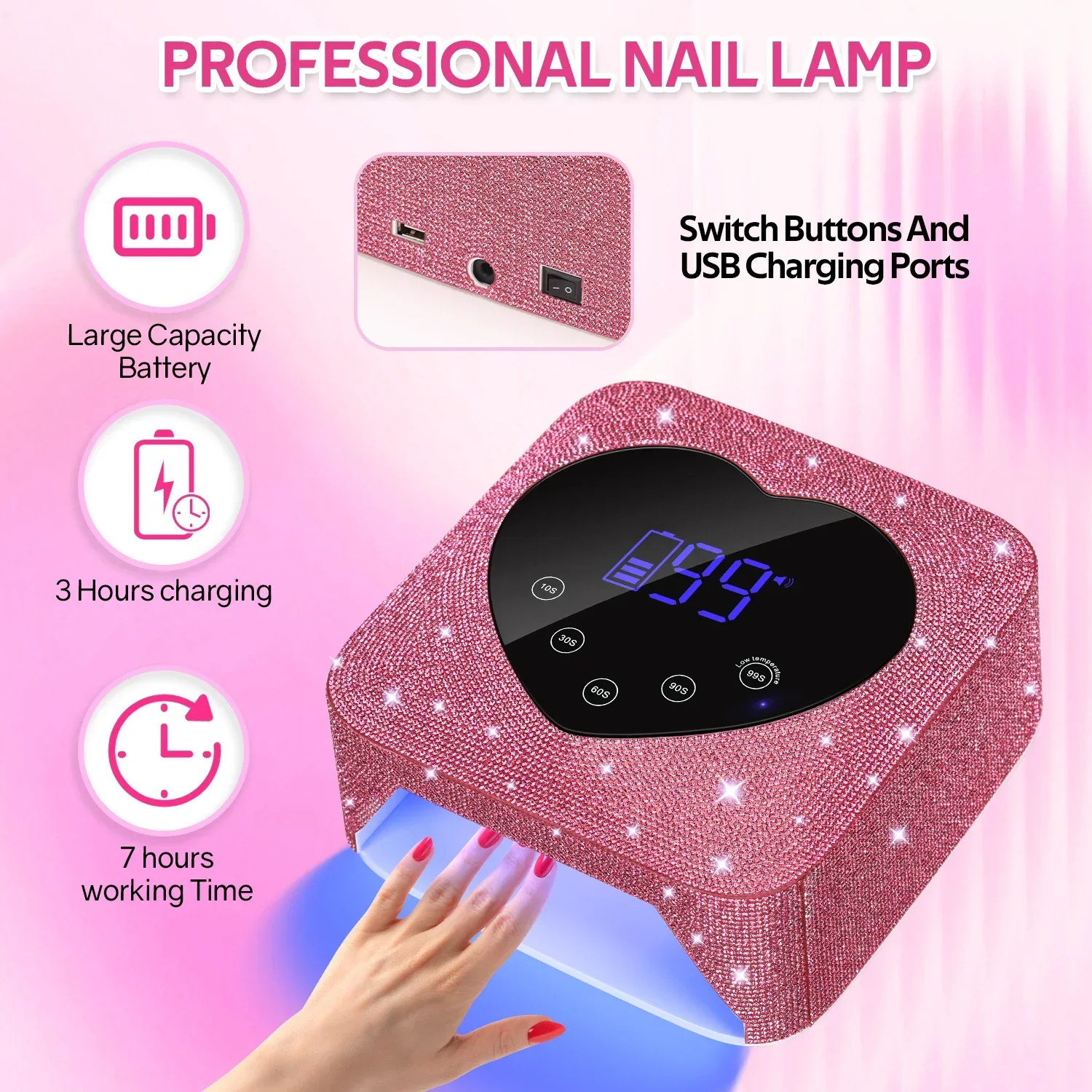 Oplaadbare 72W Nageldrooglamp Met Strass Draadloze 30LEDS Gel Polish Droogmachine Manicure Draadloze UV LED Nagellamp