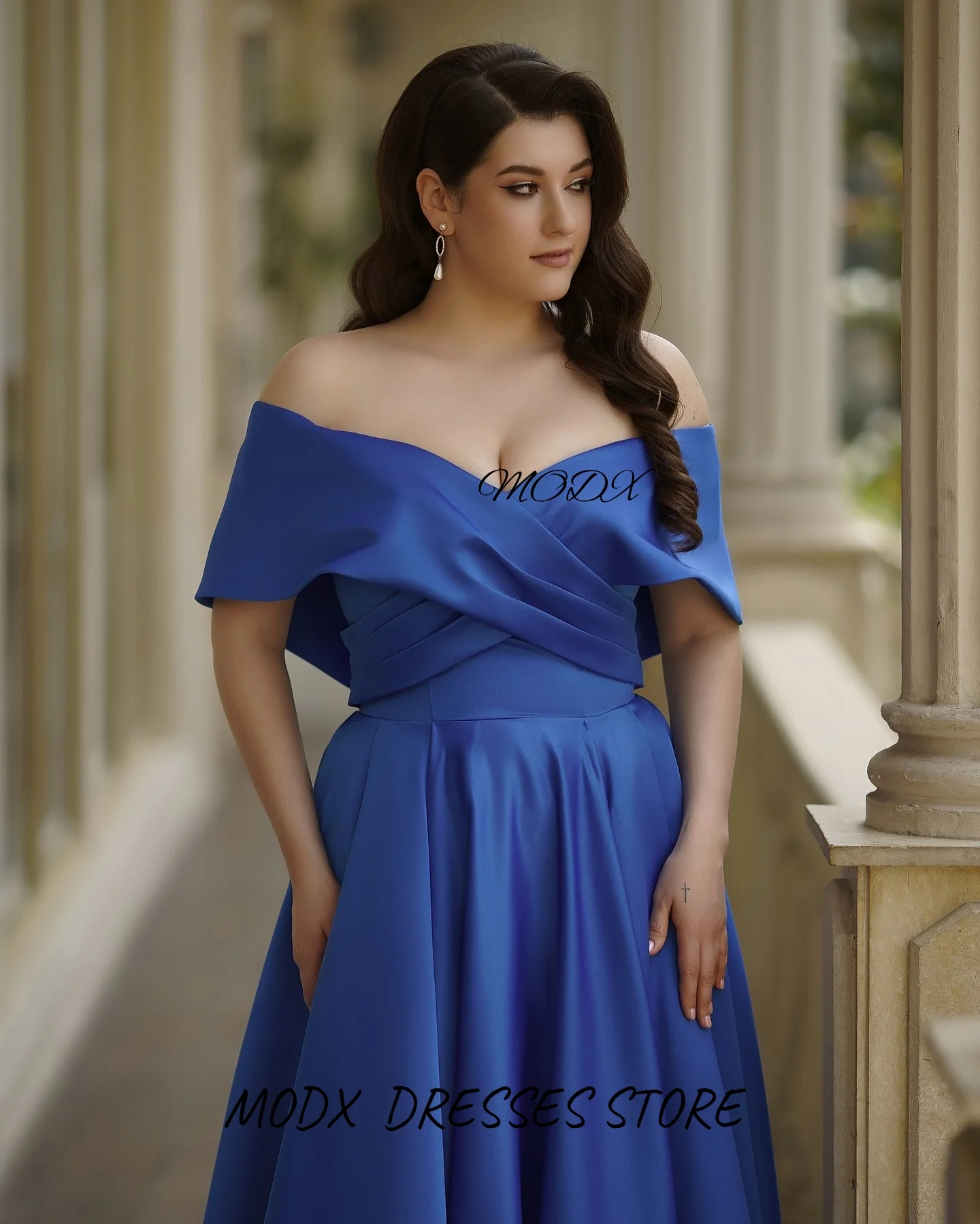 MODX Elegant Blue Satin Evening Gown Off Shoulder Wrap Front High Slit Long Dress for Formal Occasions Customized vestidos de no