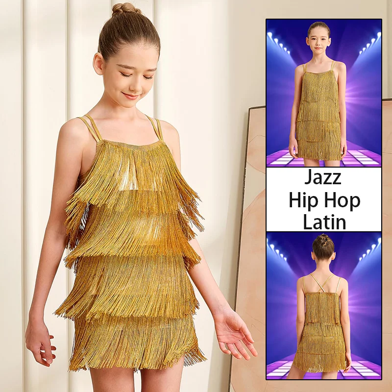 Girls Camisole Latin Sequins Vintage Dance Dress for Girl Lyrical Party Dance Skirt with Double Straps and Zipper Back Design