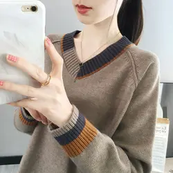 Fashion V-Neck Spliced Loose Korean Sweater Women's Clothing 2022 Autumn New Oversized Casual Pullovers All-match Tops